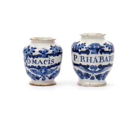 Two small delftware dry drug or pill jars, 1st half 18th century, both painted in blue with birds in leafy branches flanking 