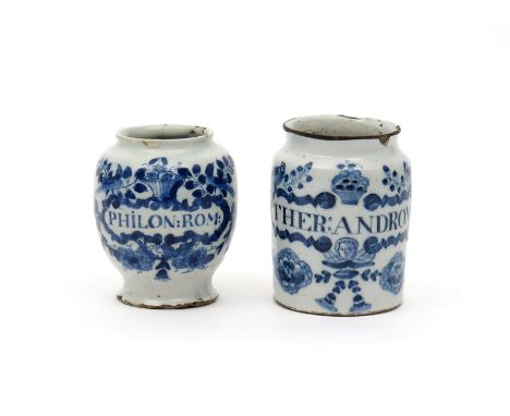 Two small delftware dry drug or pill jars, 1st half 18th century, both painted in blue with birds among branches flanking a b