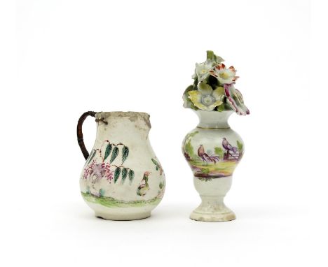 A small Derby flower vase, c.1760, painted with birds perched on a gate, the reverse with a flower spray, applied with large 