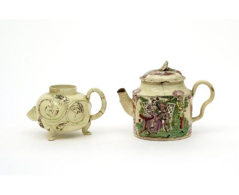 A William Greatbatch creamware teapot and cover, c.1770-90, printed and coloured with 'Harlequin and Columbine discovered in 