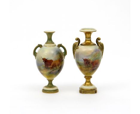Two Royal Worcester vases by Harry Stinton, c.1910-30, the two-handled shapes painted with Highland cattle in moorland landsc