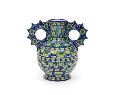 A Cantagalli two-handled vase, late 19th/early 20th century, in the Islamic manner with two flat jagged handles, the body pai