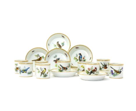 A Meissen part ornithological coffee service, 19th/20th century, each piece painted with a European songbird perched on a lea