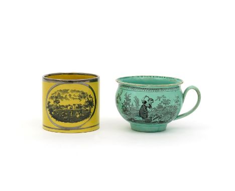 A pearlware vomit pot or miniature chamber pot, 1st half 19th century, printed in black with children fishing, the reverse wi