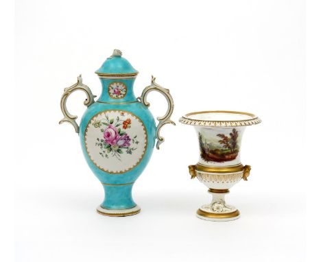 A Chelsea-Derby vase and cover, c.1780, painted with panels of flowers within simple gilt borders on a turquoise ground, and 