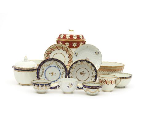 A small collection of English porcelain tea wares, c.1790-20, including two Derby sucriers and covers, one ribbed with a simp