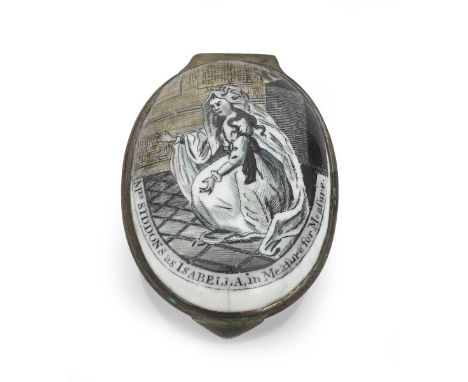 An English enamel patch box of theatrical interest, c.1785-90, the oval cover printed and titled with 'Mrs Siddons as Isabell