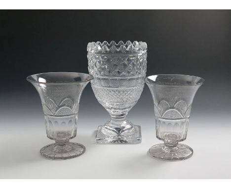 A pair of commemorative glass vases, dated 1834, the flared forms engraved for William and Margaret Metcalf of the Royal Geor