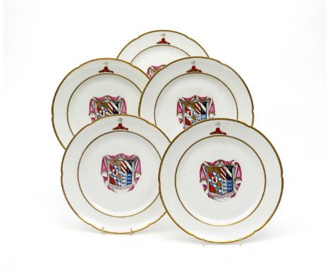 Five Paris (La Courtille) armorial plates, c.1785, richly decorated with the arms of Sir Francis Ford MP of Ember Court in Su
