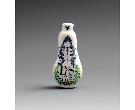 A rare white opaque glass scent bottle, dated 1778, probably Beilby, Newcastle-upon-Tyne, of flattened pear shape, painted in