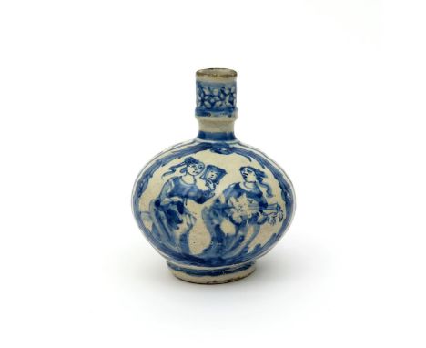 A Portuguese faïence jug, early 18th century, the globular body painted in blue with female musicians, one playing a stringed