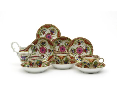 A Chamberlain's Worcester part tea service, early 19th century, decorated in the Dragons in Compartments pattern. Comprising: