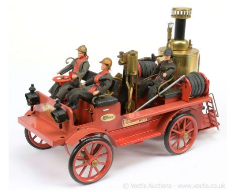 Wilesco (Germany) Live Steam Fire Engine large scale tinplate in red with steerable front wheels, brass boiler to the rear, i