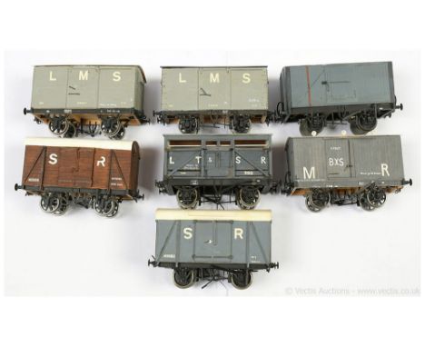 Kit/Scratchbuilt Gauge 1 group of Goods Wagons consisting of LMS Covered x 2, SR Covered x 2 together with MR, Cattle Truck a