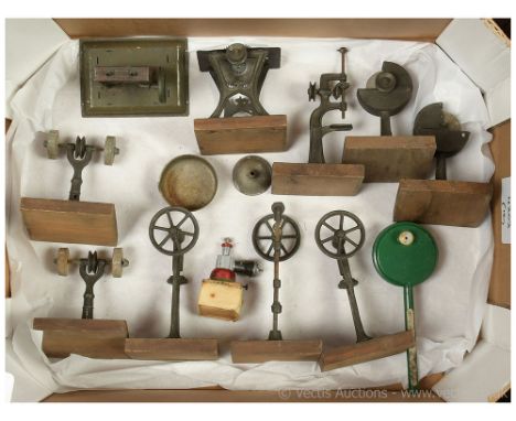 Cast Steam Accessories a quantity mounted on small wooden bases, includes 2 x sharpener, pillar drill, hammer, bench saw, 2 x