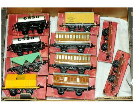 Hornby O Gauge group of post-war Goods Rolling Stock consisting of Esso Petrol Tank Wagons x 2, LMS Hopper, LMS Vent Van, Por