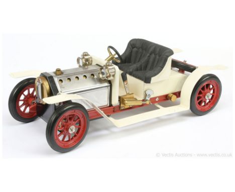 Mamod SA1 Steam Roadster in cream and red, missing burner, appears un-steamed, would benefit from a light clean but otherwise