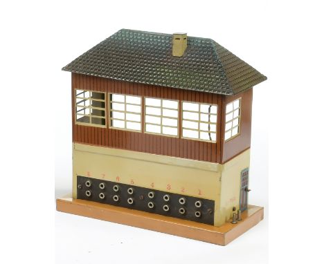 Marklin pre-war Ref 13728/8 hand painted Signal Box mounted on a tin base measuring 22 x 11 and standing 24cm (8 1/2 x 4 1/2 