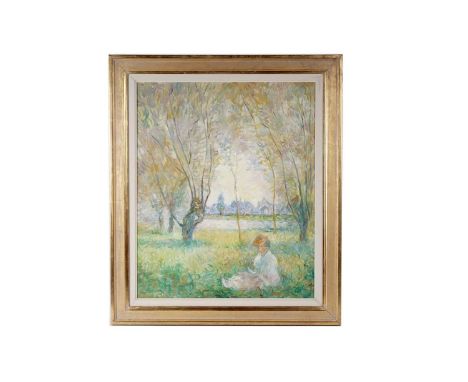 20th Century French SchoolReading in a Meadow: French Impressionist style view,acrylic on canvas,60 x 49cms, in frame.