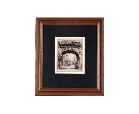 Mortimer Menpes(1855-1938)"Under the Great Clock, Rouen",signed in plate and margin,etching,12.5 x 10cms, in frame.