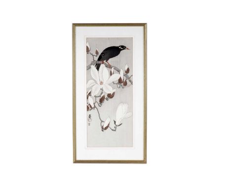Ohara Koson(Japanese, 1877-1945)Myna on Magnolia Branch,woodblock print,49 x 20.5cms, in frame.