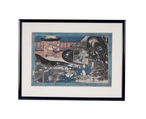Kuniyoshi Utagawa(Japanese,1798 - 1861)Yakezawa Toji twirling tops and spinning Oiwa Inari,woodblock print,25 x 37cms, in fra