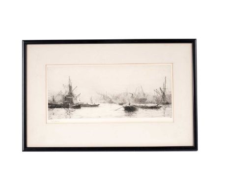 William Lionel Wyllie(1851-1931)"London Docks"signed,etching,15 x 35cms, in frame.