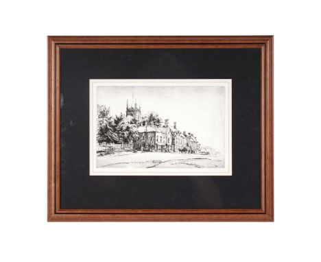Francis Dodd(1874-1949)Village Scene with Church and Shops,signed in plate and margin, dated 1915,etching,19.5 x 30.5cms, in 