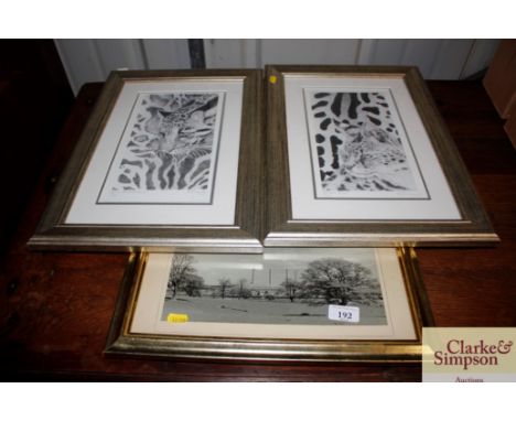 S Filking, two limited pencil signed edition prints of leopards; and a vintage photograph