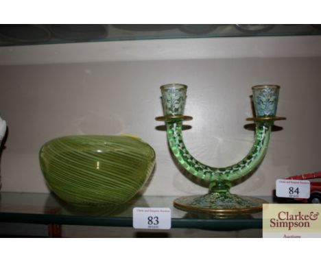 A green overlaid glass posy vase; and a decorated two light glass candelabra AF