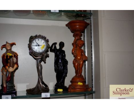 Two classical figure groups; and an Art Nouveau style figural clock