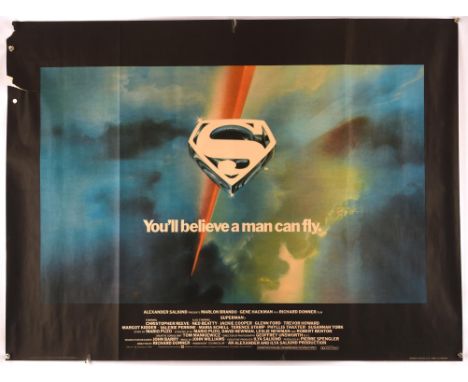 Superman (1978), British Quad Film Poster for Christopher Reeves first appearance as the famous hero, artwork by Bob Peak, wa