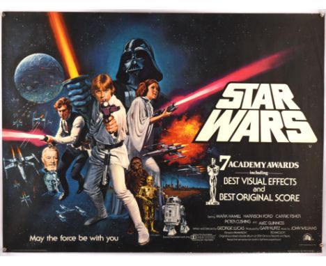 Star Wars: A New Hope (1977), British Quad Film Poster for the George Lucas Sci-Fi classic, artwork by Tom Chantrell, Oscars 