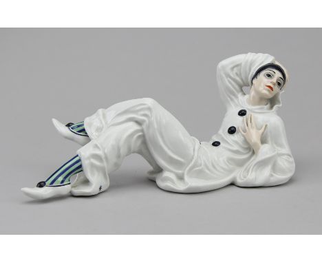 Rosenthal - Figur "Aschermittwoch"Porzellan farbig staffiert, liegender, sich auf den linken Ellbogen stützender Pierrot, rüc