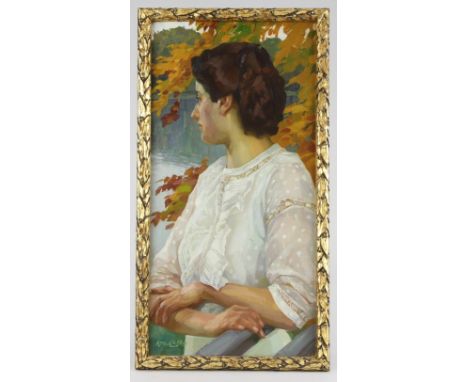 Eichler, Reinhold Max (Mutzschen / Sachsen 1872 - 1947 München)Gemälde, Öl auf Leinwand, Portrait einer jungen Frau an einem 