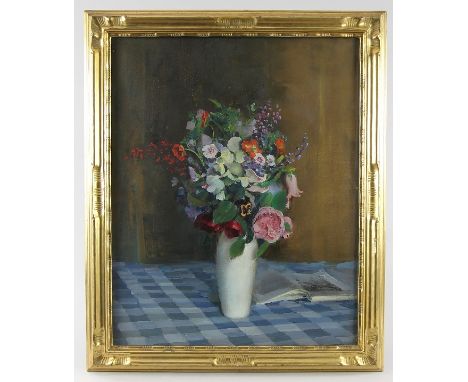 Nissl, Rudolf (Fügen 1870 - 1955 München)Gemälde "Bauernblumen", Öl auf Leinwand, Stillleben mit Blumenvase und aufgeschlagen
