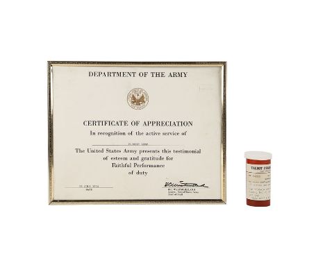 FORREST GUMP (1994) - Forrest Gump's (Tom Hanks) Army Certificate of Appreciation and Mama Gump's (Sally Field) Pill BottleFo