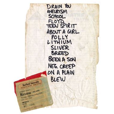 NIRVANA - Dave Grohl-handwritten Set List From Nevermind Tour, With Ticket StubA set list from a Nirvana concert at the Unive