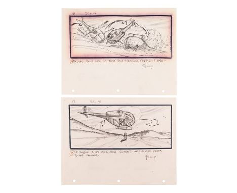 THING, THE (1982) - Two Hand-drawn Pencil Storyboards of the Crashing HelicopterA pair of hand-drawn pencil storyboards from 