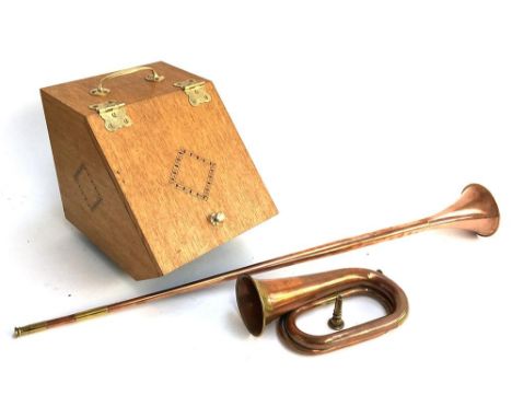 An oak coal scuttle, together with a copper coaching horn, 90cmL, and a brass and copper bugle with two brass mouth pieces (W