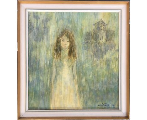 Portrait of a girl, mixed media, 44x47cm, indistinctly signed lower right Haibang 1991, purchased in Hong Kong 