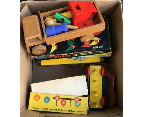 A collection of vintage wooden toys and board games by makers such as Chad Valley and Abbatt toys, to include Copitt and Alic