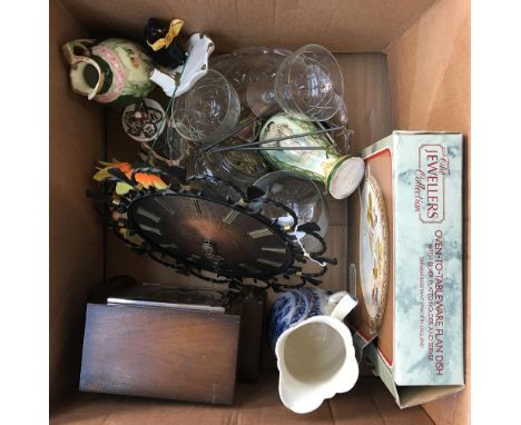 A mixed box of plates and glassware together with a Smiths mantel clock 