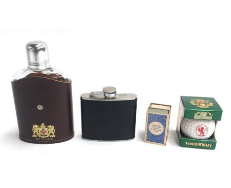 A City of London glass hip flask in leather holder, together with a stainless steel hip flask, and a Old St. Andrews scotch w