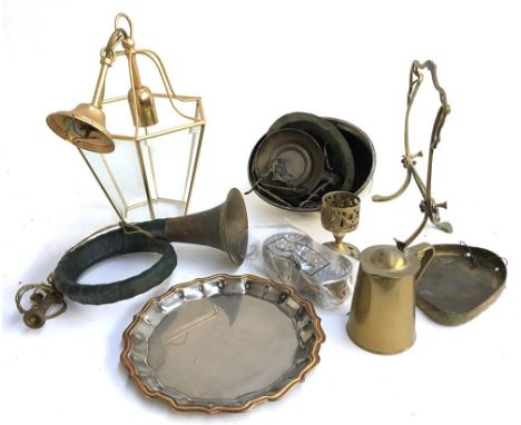 A Furst Pless bugle, various metal and brass items to include a Burmese gong, silver plate items, and a brass lantern 