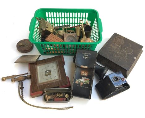 A mixed lot of interesting things to include a Kodak bellows camera, a Motorists Map Light in leather holder, brass and coppe