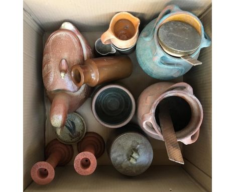 A mixed box of ceramics and studio pottery, to include two continental vases, a pair of candlesticks, ceramic duck, and other