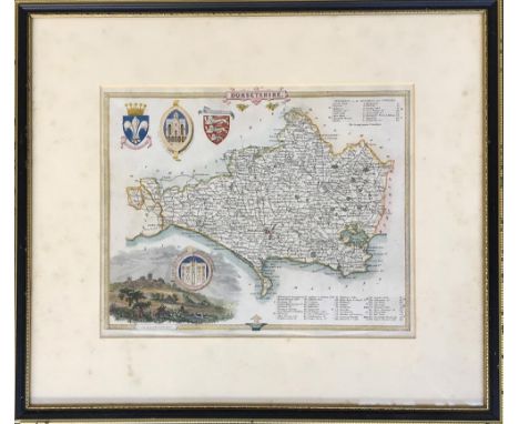 A 19th century colour washed county map of Dorsetshire, with various abbey seals, 21x26cm 