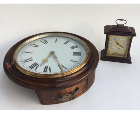 A mahogany wall clock, 40cmD, together with a Metamec carriage clock 