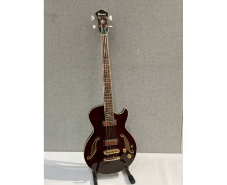 An Ibanez Artcore AGB200-TBR-12-01 semi acoustic bass guitar, deep red / brown natural body, serial number S08012978, cream b